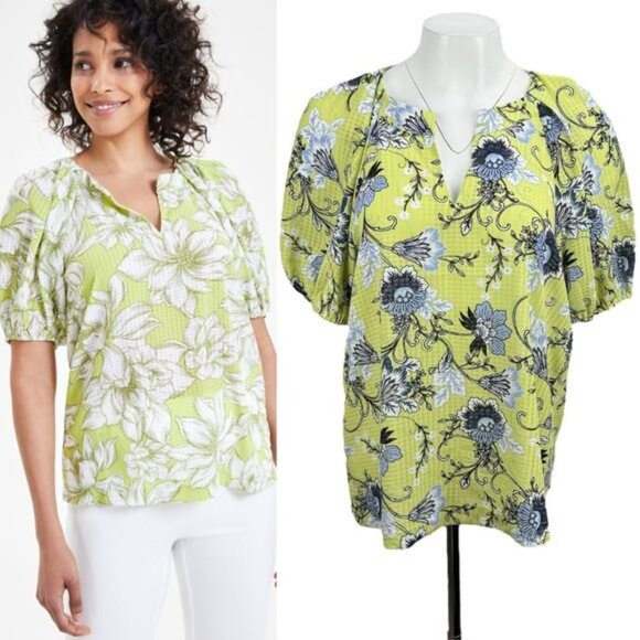 NWT ANNE KLEIN Floral Print Puff Sleeve Blouse Sz Small Sprout / White Multi - Picture 1 of 5